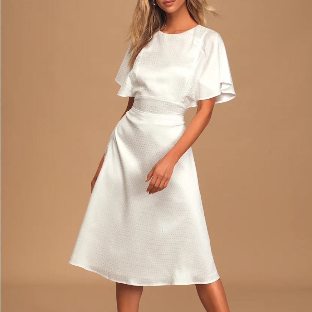 Cabaret Queen White Polka Dot Embossed Satin Backless Midi Dress